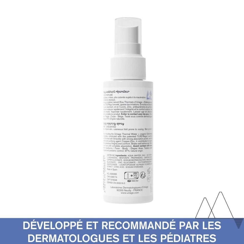 Dos d'un spray blanc. Texte: Développé et recommandé par les dermatologues et les pédiatres.