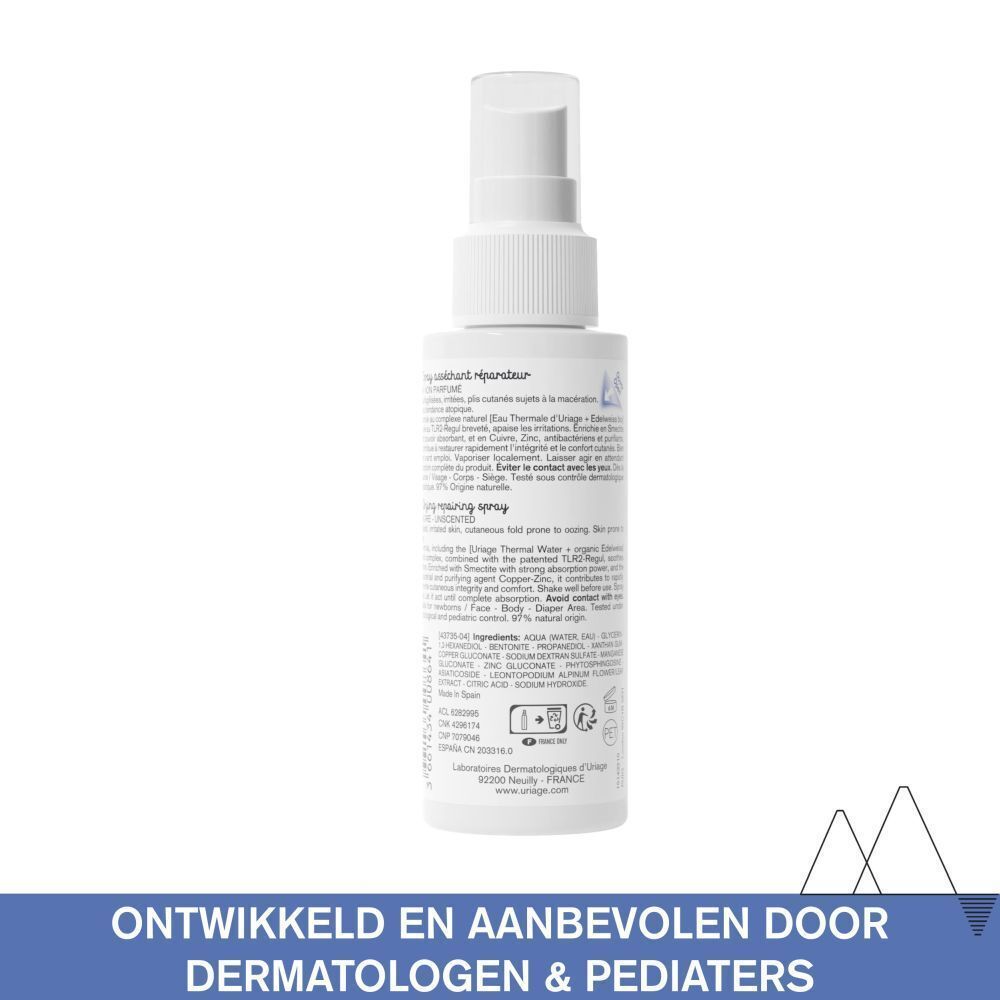 Achterkant van een witte spray. Tekst: Ontwikkeld en aanbevolen door dermatologen & pediaters.