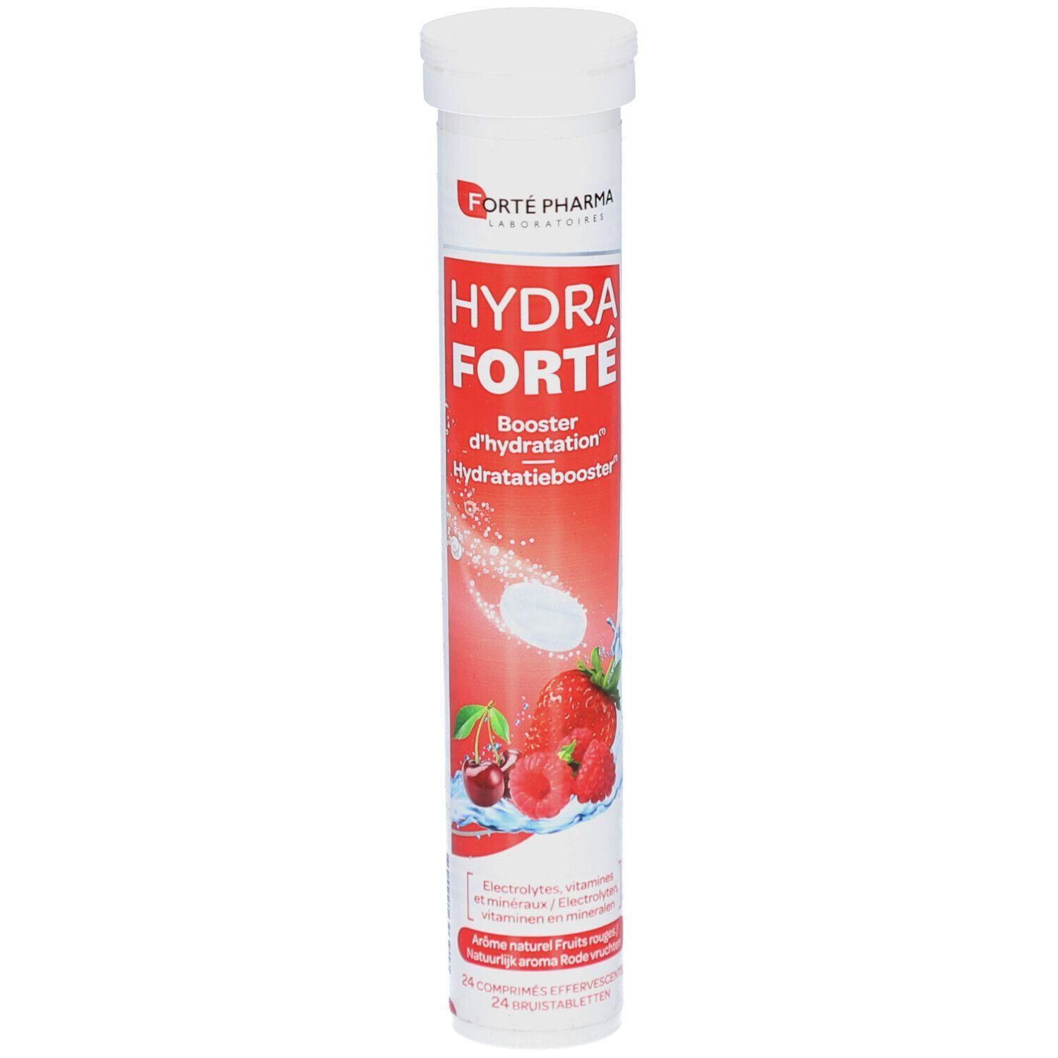 Cilindrische verpakking met witte dop. Opschrift Hydra Forté, Booster d'hydratation, smaak rood fruit. Illustratie van fruit.