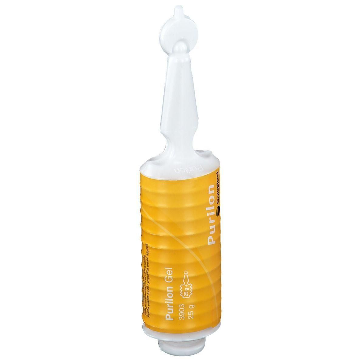 Applicateur de gel cylindrique jaune et embout blanc. Inscription : Purilon Gel.
