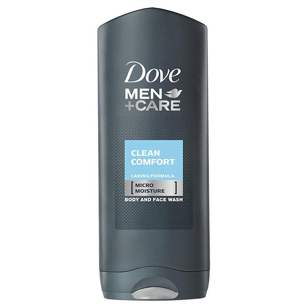 Flacon gris foncé avec logo Dove blanc et texte. Marque bleue rectangulaire avec texte: Clean Comfort, Micro Moisture.