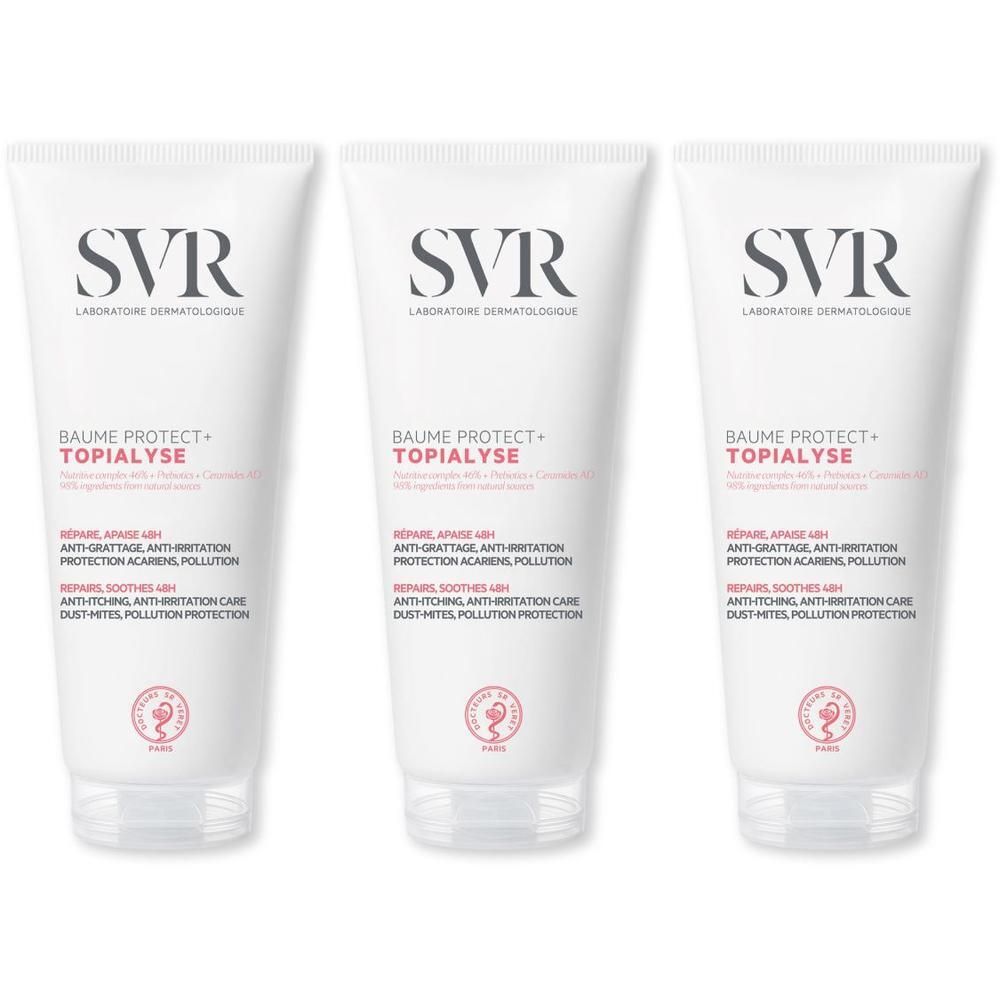 Trois tubes de SVR Topialyse Baume Protect+ côte à côte. Tubes blancs avec texte rouge et noir. Logo SVR en haut.