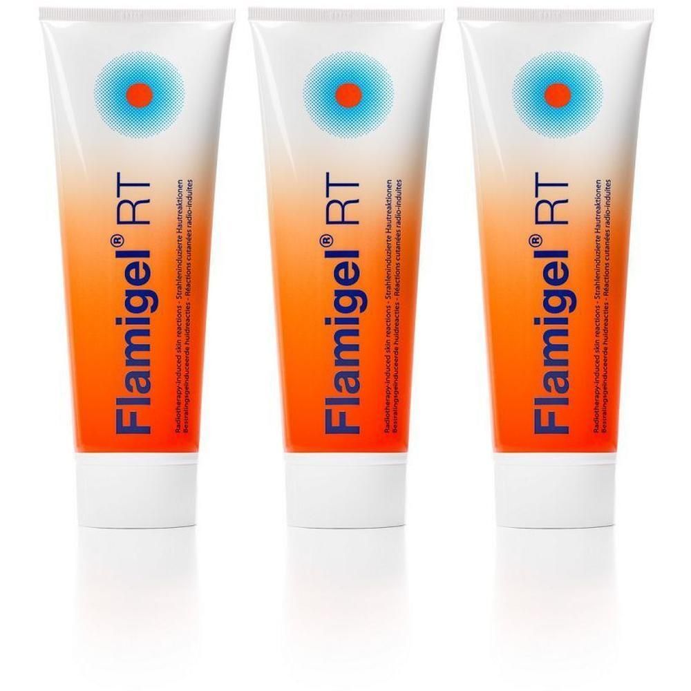 Drie tubes met witte dop en oranje body. De naam Flamigel RT en een blauw-oranje logo zijn gedrukt.