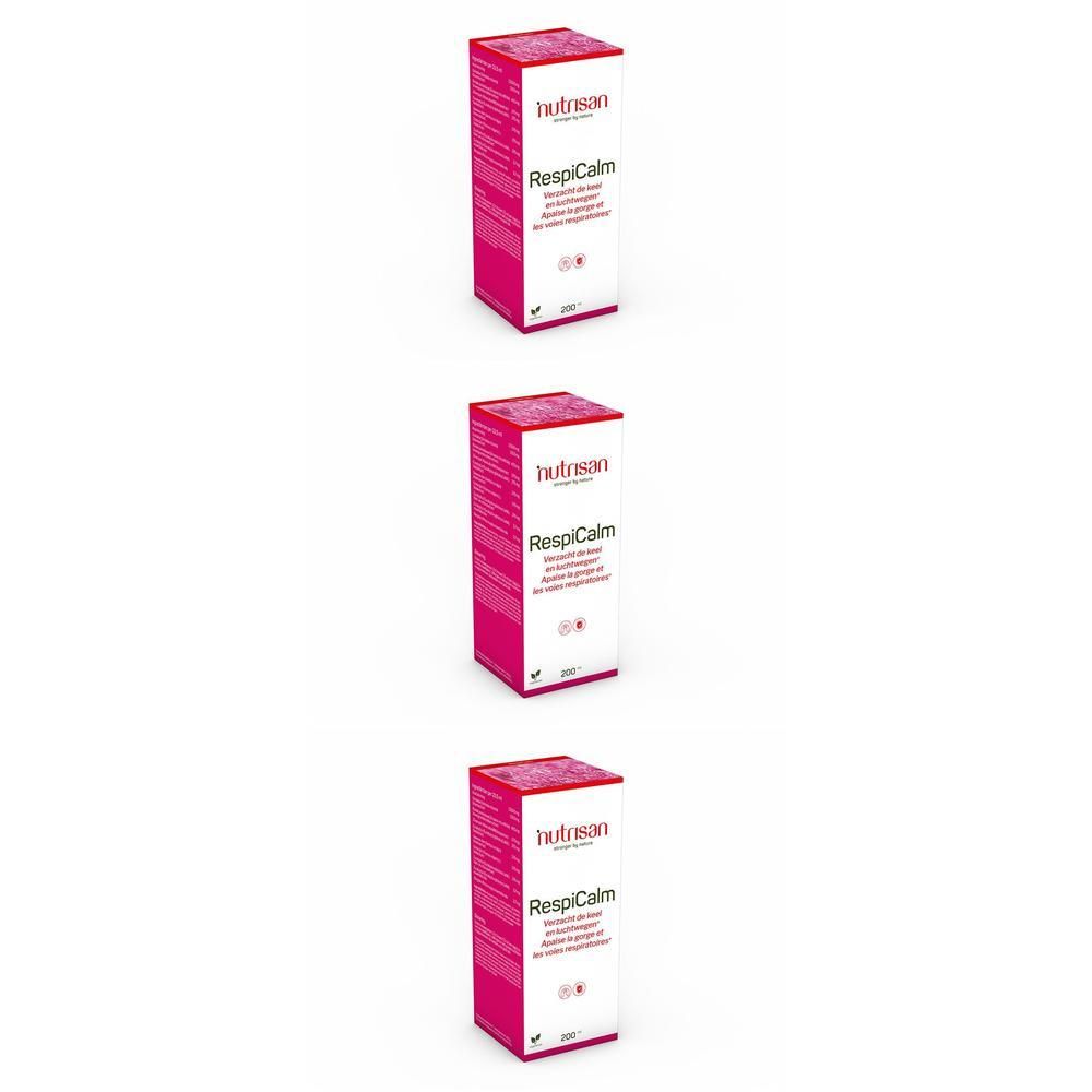 Trois boîtes rectangulaires. Inscription : Nutrisan, Respicalm. Couleurs rose et blanc. Texte en plusieurs langues.