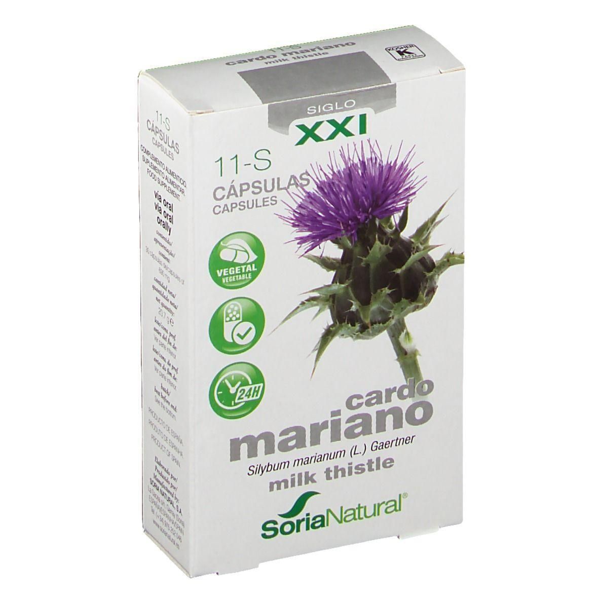Kartonnen verpakking met productinformatie. Opschrift: "cardo mariano", "Soria Natural", "11-S Cápsulas". Illustratie van een distelbloem.