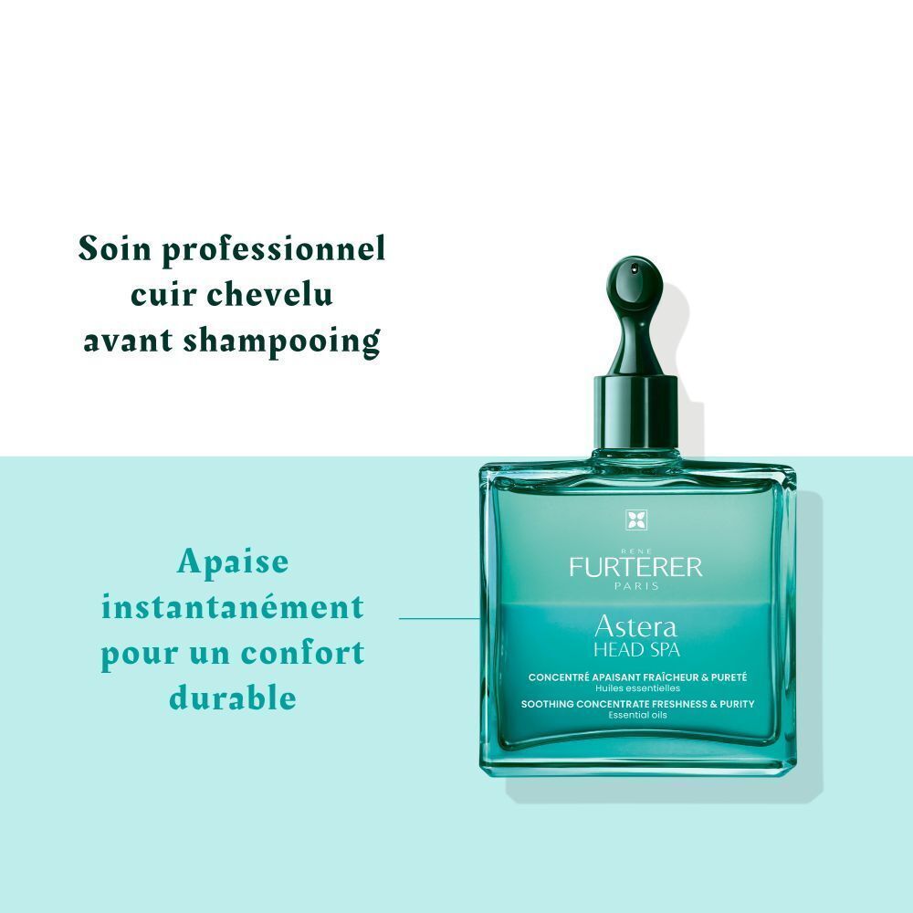 Flacon carré avec contenu vert. Texte : Astera Head Spa, Concentré Apaisant.