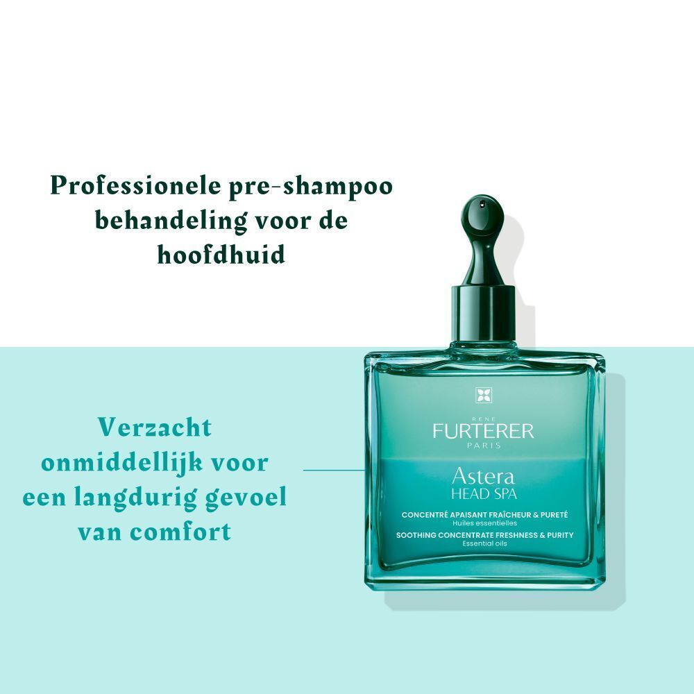 Vierkante fles met groene inhoud. Tekst: Astera Head Spa, Concentré Apaisant.