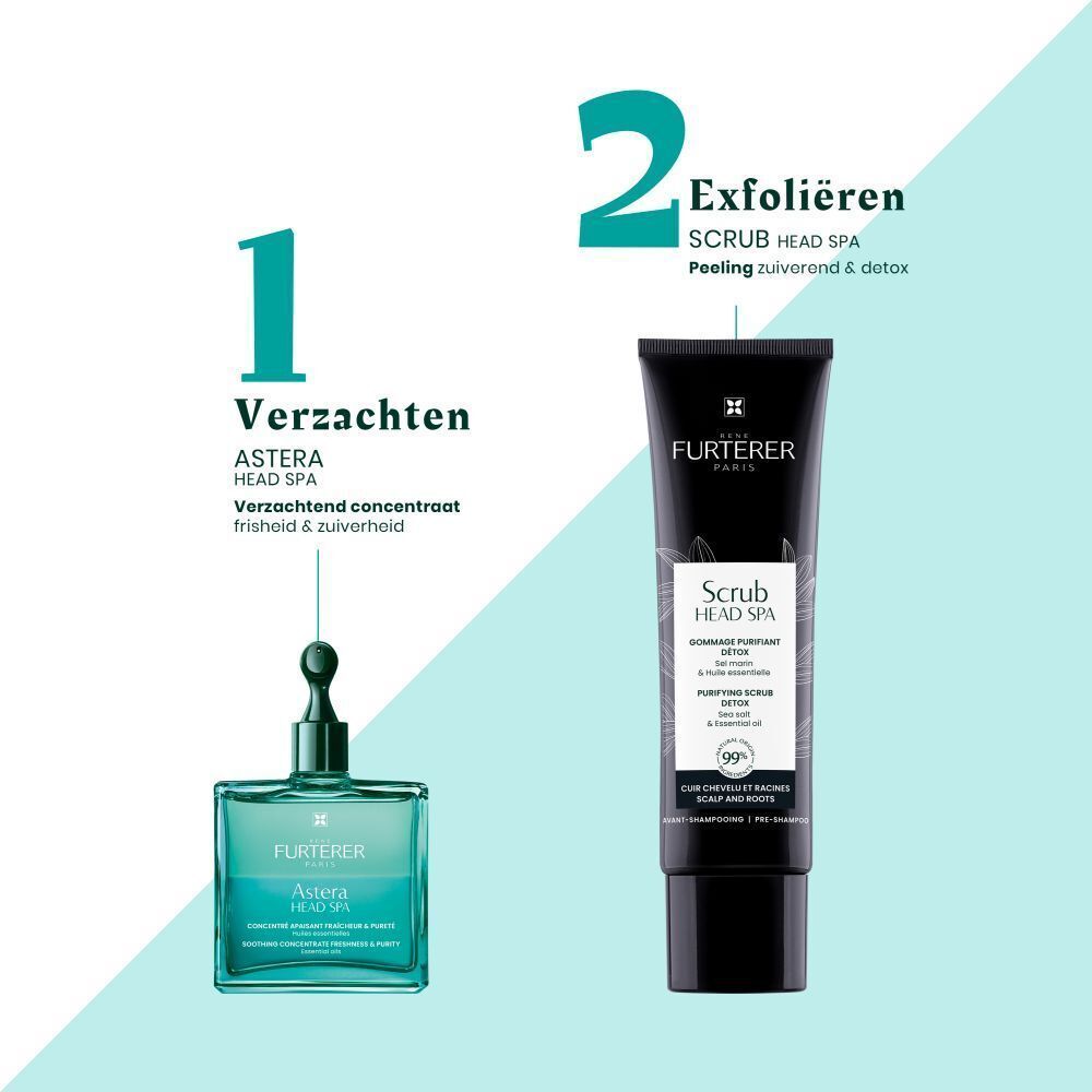 Twee producten: Astera Head Spa en een peeling. Tekst: Exfolier, Scrub Head Spa.