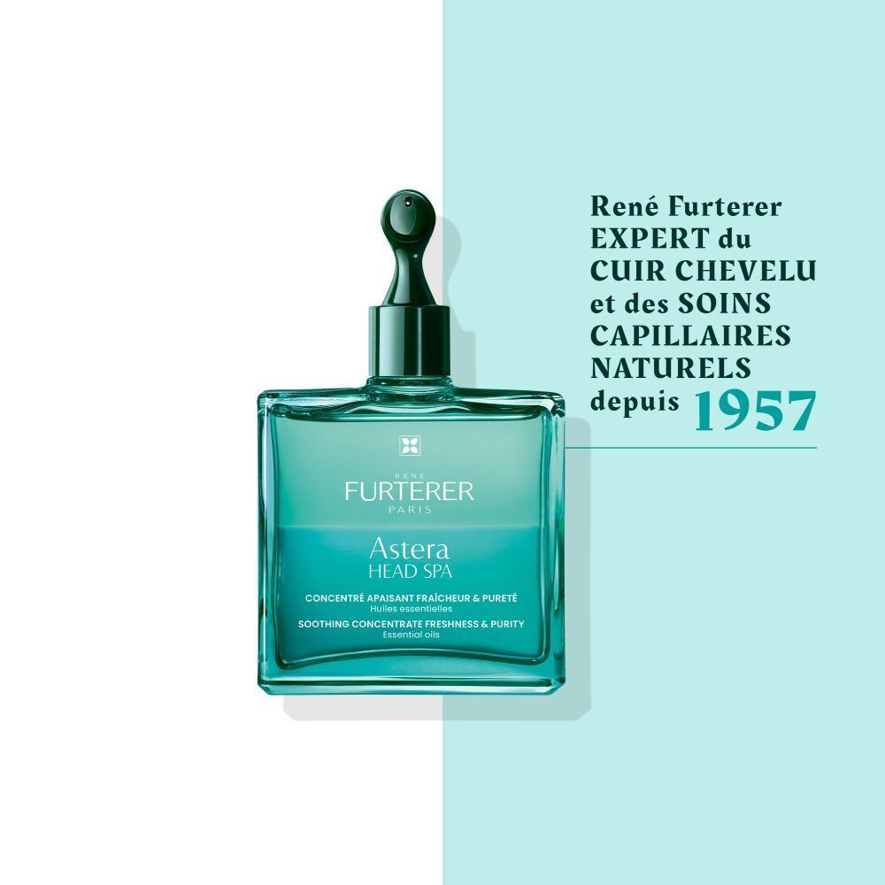 Flacon carré avec contenu vert. Texte : Astera Head Spa. Texte : René Furterer, depuis 1957.