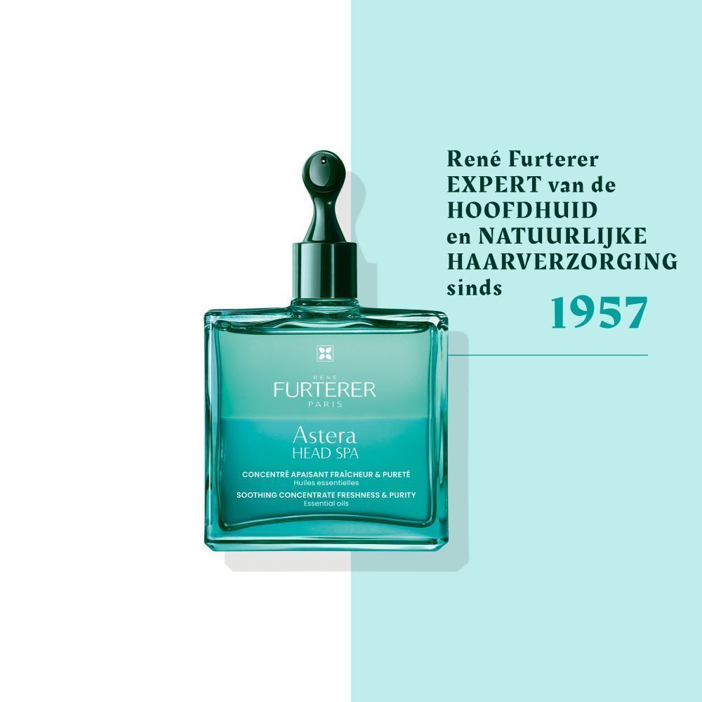 Vierkante fles met groene inhoud. Tekst: Astera Head Spa. Tekst: René Furterer, sinds 1957.