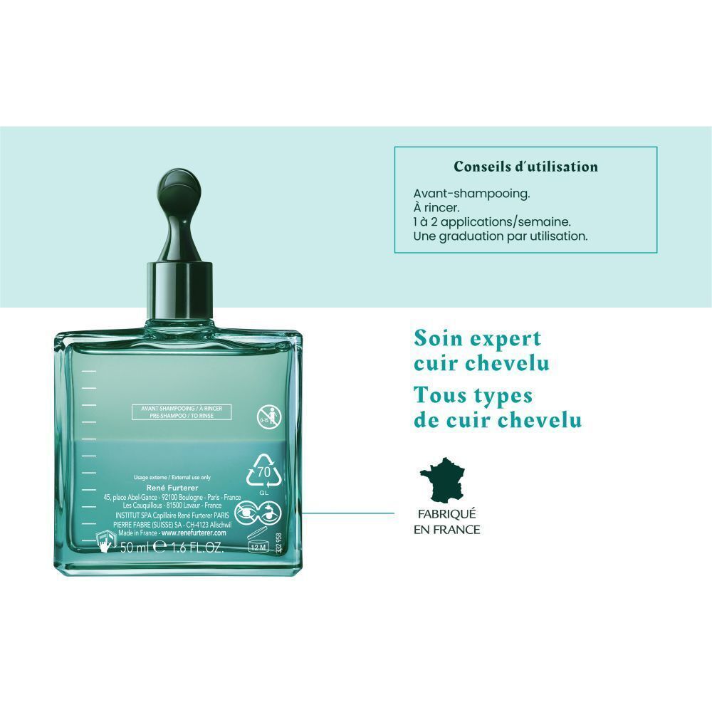 Flacon carré avec contenu vert. Texte : Astera Head Spa. Texte : Fabriqué en France.