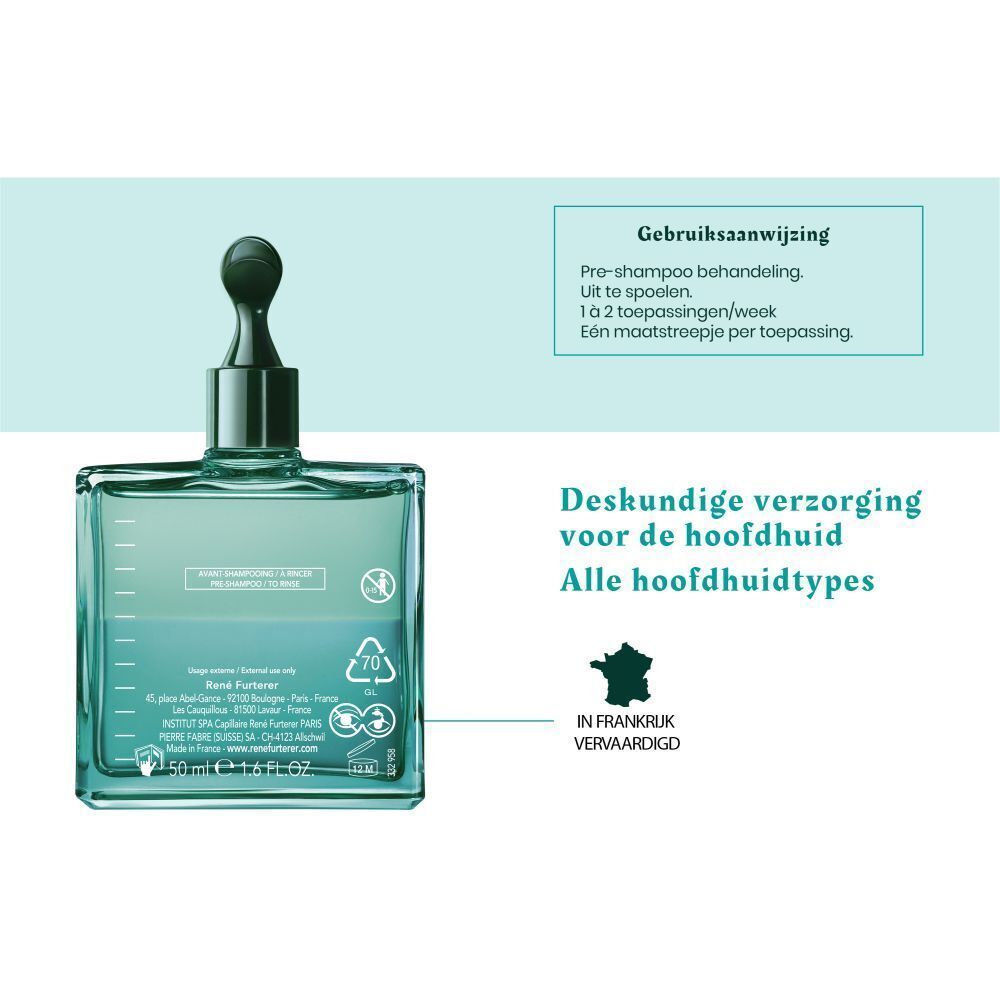 Vierkante fles met groene inhoud. Tekst: Astera Head Spa. Tekst: Fabriqué en France.