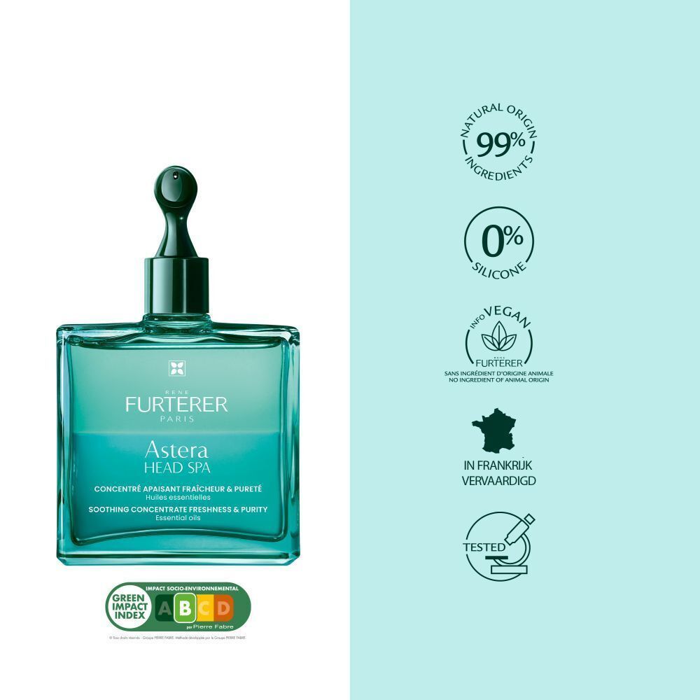 Vierkante fles met groene inhoud. Tekst: Astera Head Spa. Logo's: 99% ingrediënten, vegan.