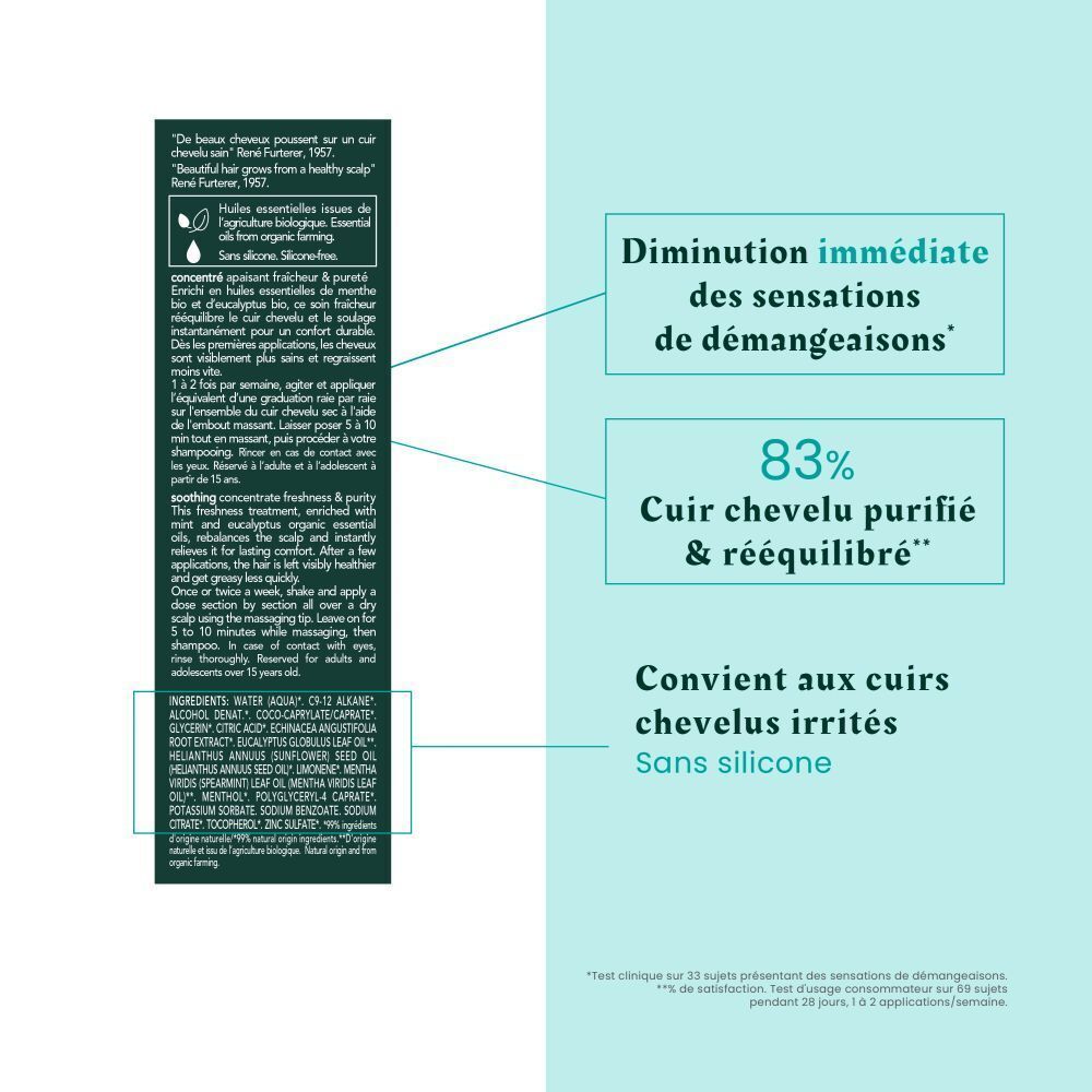 Section de texte avec ingrédients et propriétés. Texte : Diminution immédiate des démangeaisons.