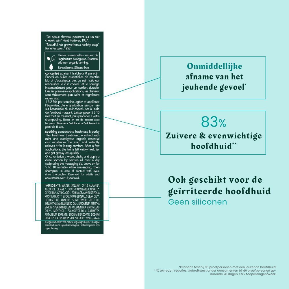 Tekstgedeelte met ingrediënten en eigenschappen. Tekst: Diminution immédiate des démangeaisons.
