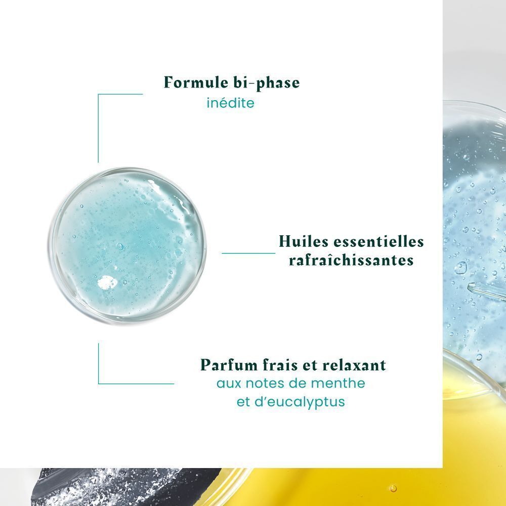 Gros plan de liquides. Texte : Formule bi-phase inédite. Huiles essentielles rafraîchissantes.