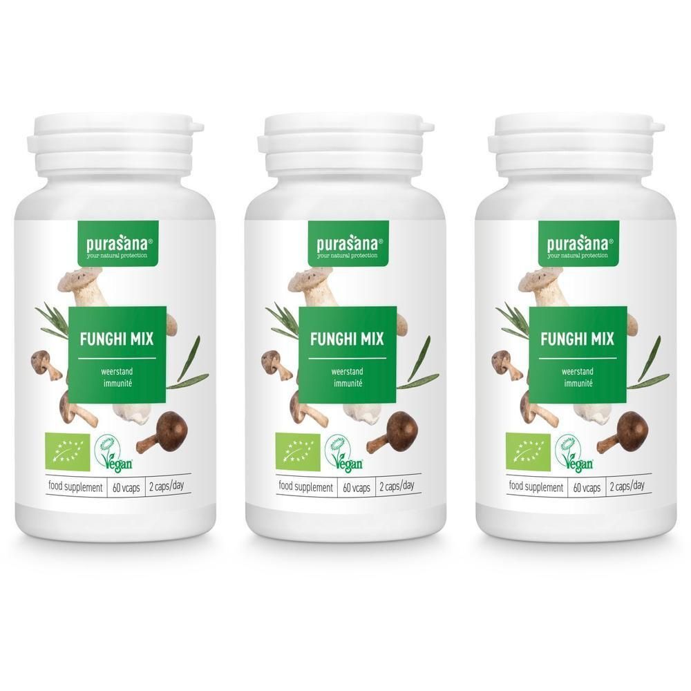Drie witte flessen met groen etiket. Opschrift: Funghi Mix, weerstand immuniteit. Vegan-keurmerk. 60 capsules.