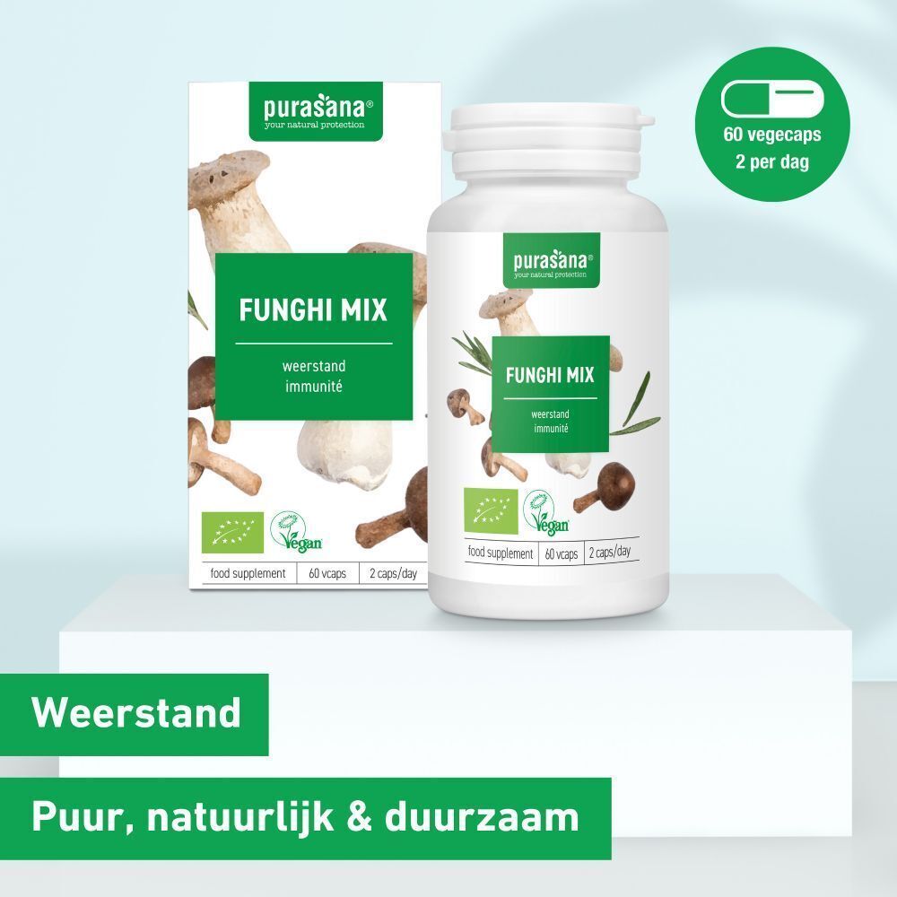 Productverpakking met fles. Opschrift: Funghi Mix, weerstand immuniteit. Vegan-keurmerk. 60 capsules. Groen-witte capsule-afbeelding.