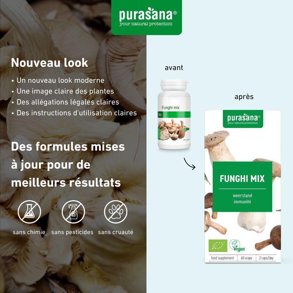Comparaison: Avant-Après. Flacon et emballage. Inscription: Funghi Mix. Label Vegan. Sans produits chimiques, pesticides, cruauté.
