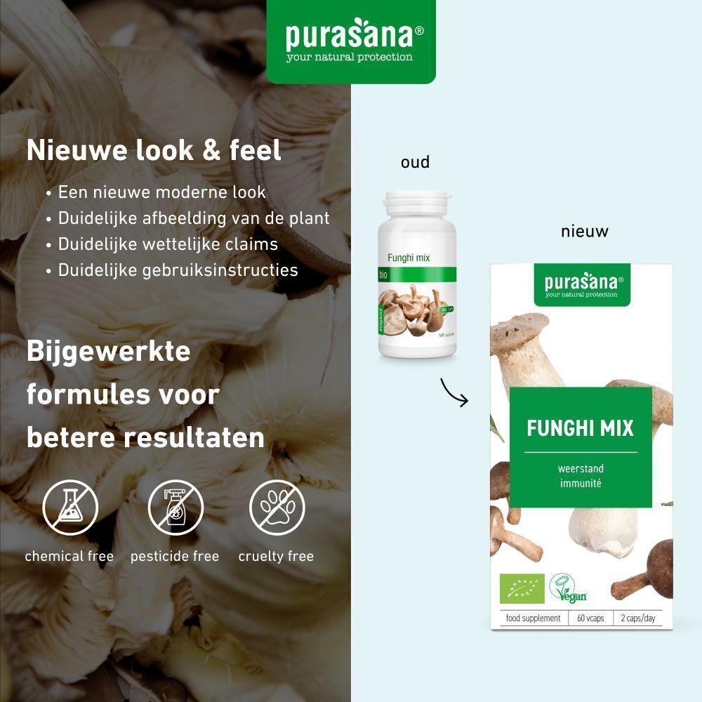 Vergelijking: Voor-Na. Fles en verpakking. Opschrift: Funghi Mix. Vegan-keurmerk. Zonder chemicaliën, pesticiden, dierproeven.
