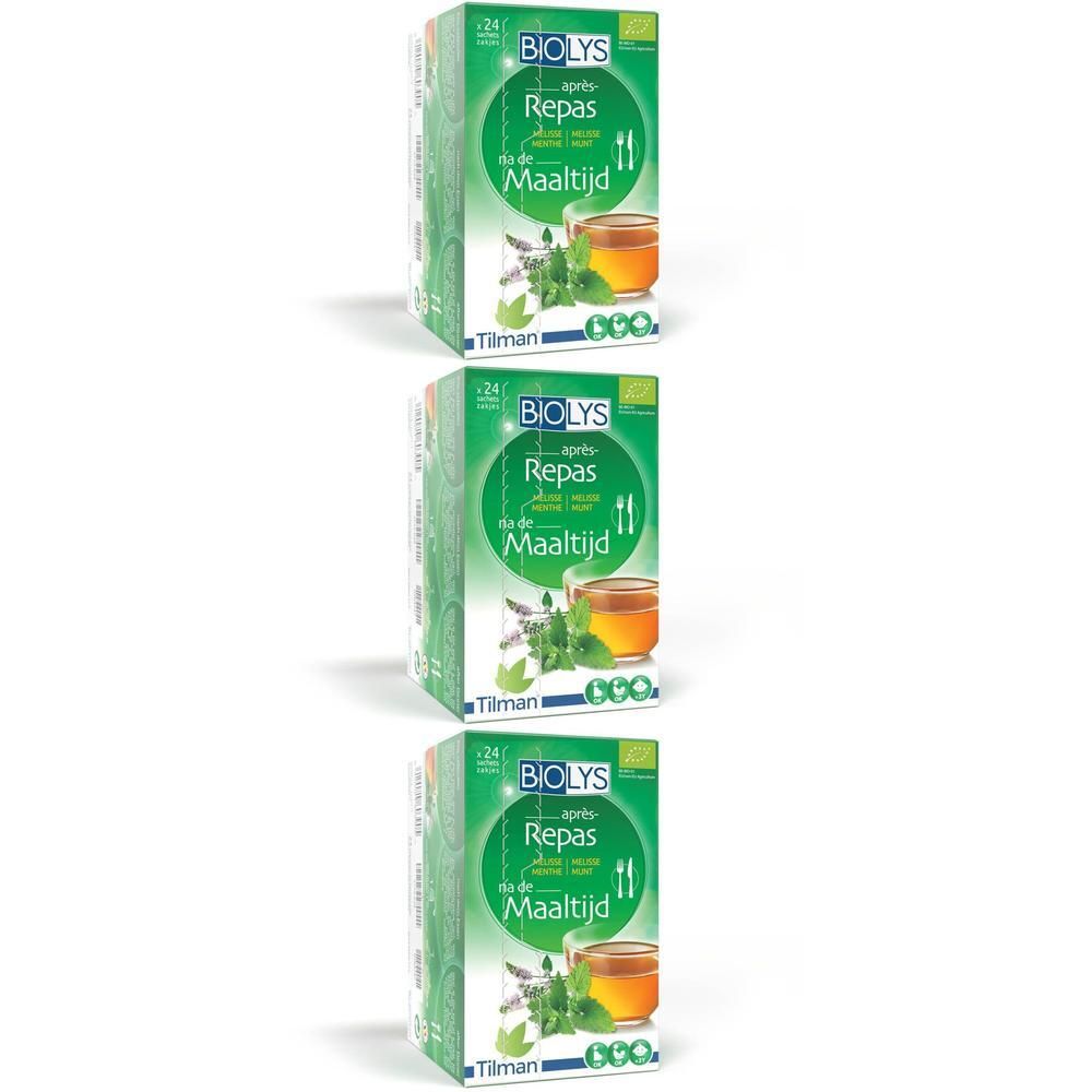Drie groene Biolys dozen. Elke doos toont een glas thee met munt en citroenmelisse. Opschrift: Repas, na de Maaltijd. Bio logo.