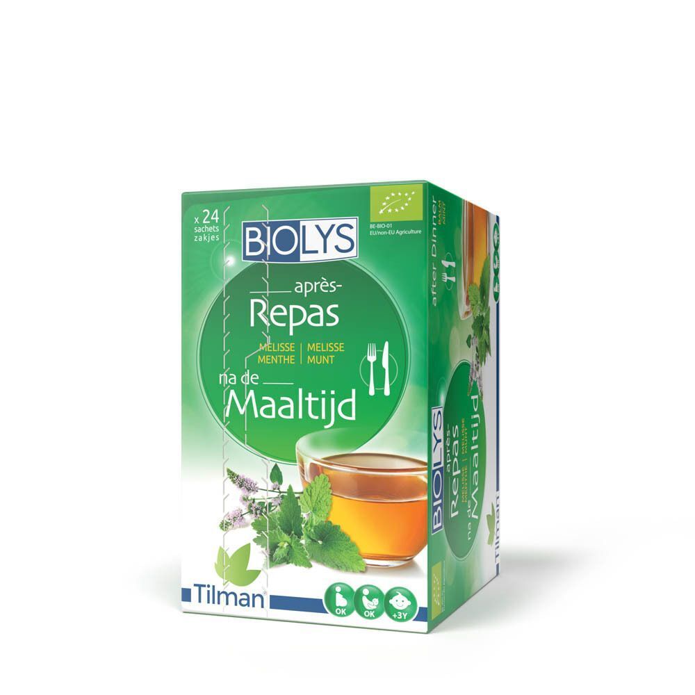 Boîte verte Biolys. Présente un verre de thé avec menthe et mélisse. Inscription: Repas, na de Maaltijd. Logo bio. 24 sachets.