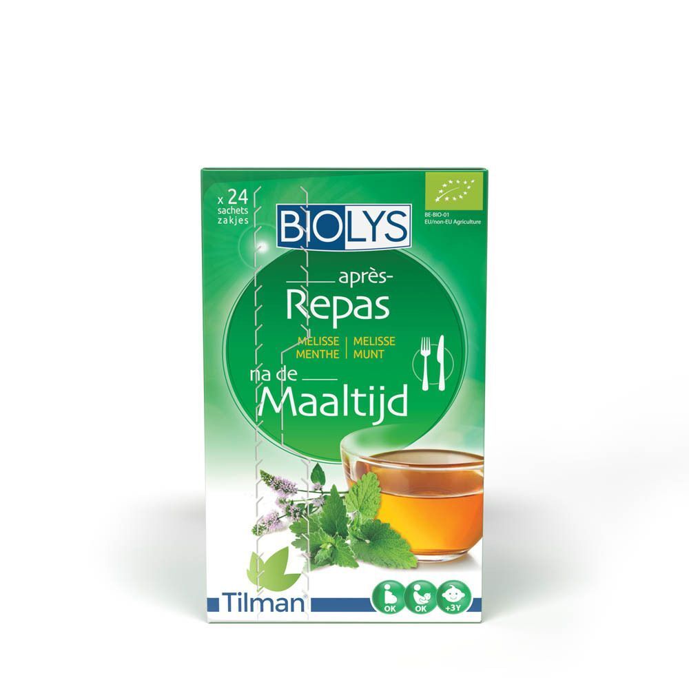 Groene Biolys doos. Toont een glas thee met munt en citroenmelisse. Opschrift: Repas, na de Maaltijd. Bio logo. 24 zakjes.