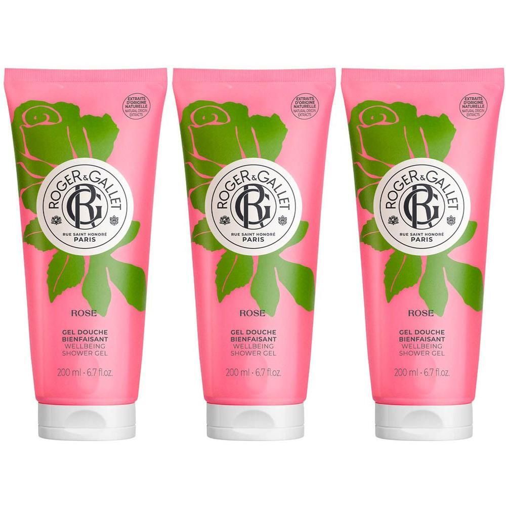 Drie roze tubes douchegel. Op elke tube: logo, rozenmotief, tekst 'ROSE' en 'GEL DOUCHE BIENFAISANT'.