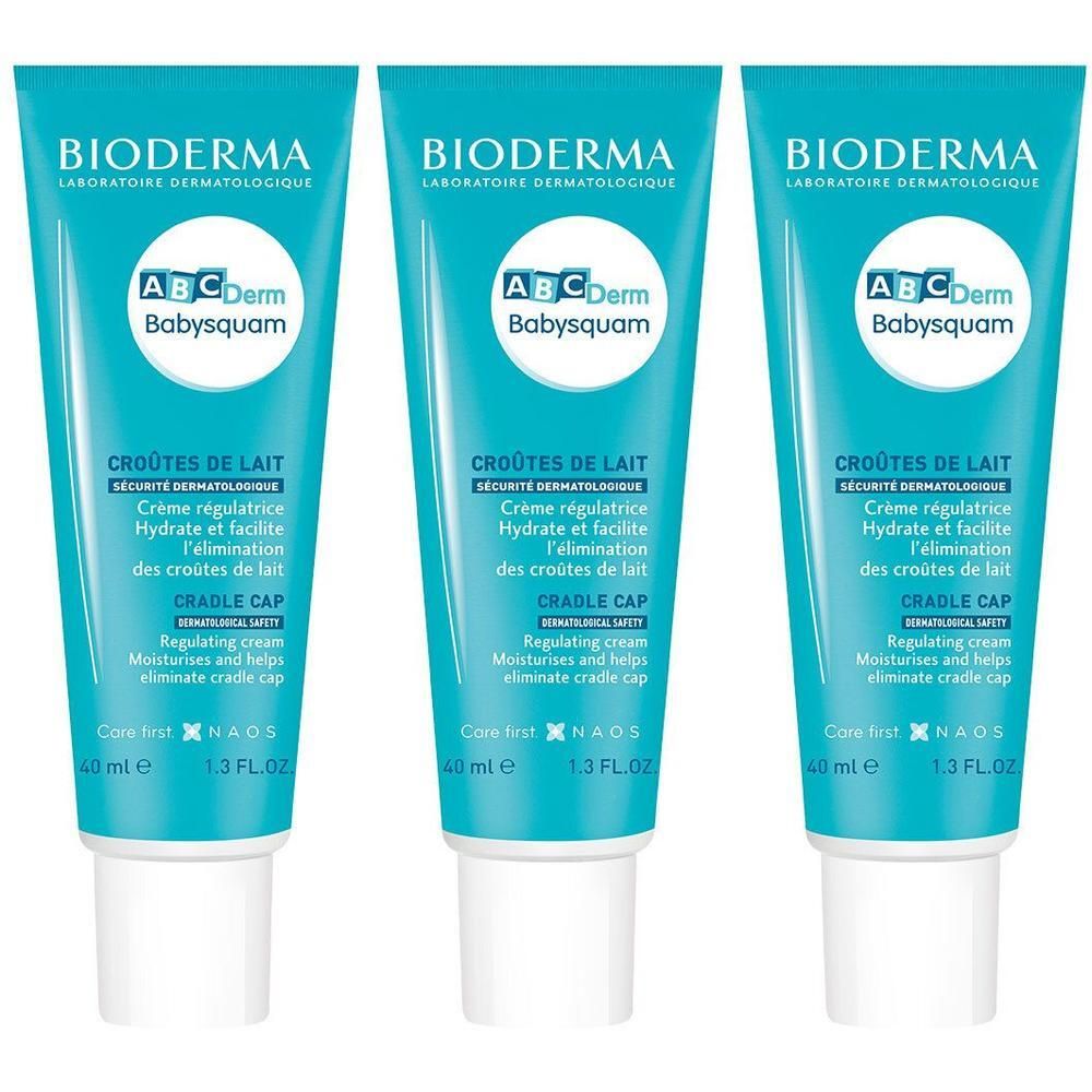 Drie tubes Bioderma ABCDerm Babysquam. Turquoise blauwe tubes met witte dop. Tekst: Crôutes de Lait, Cradle Cap.