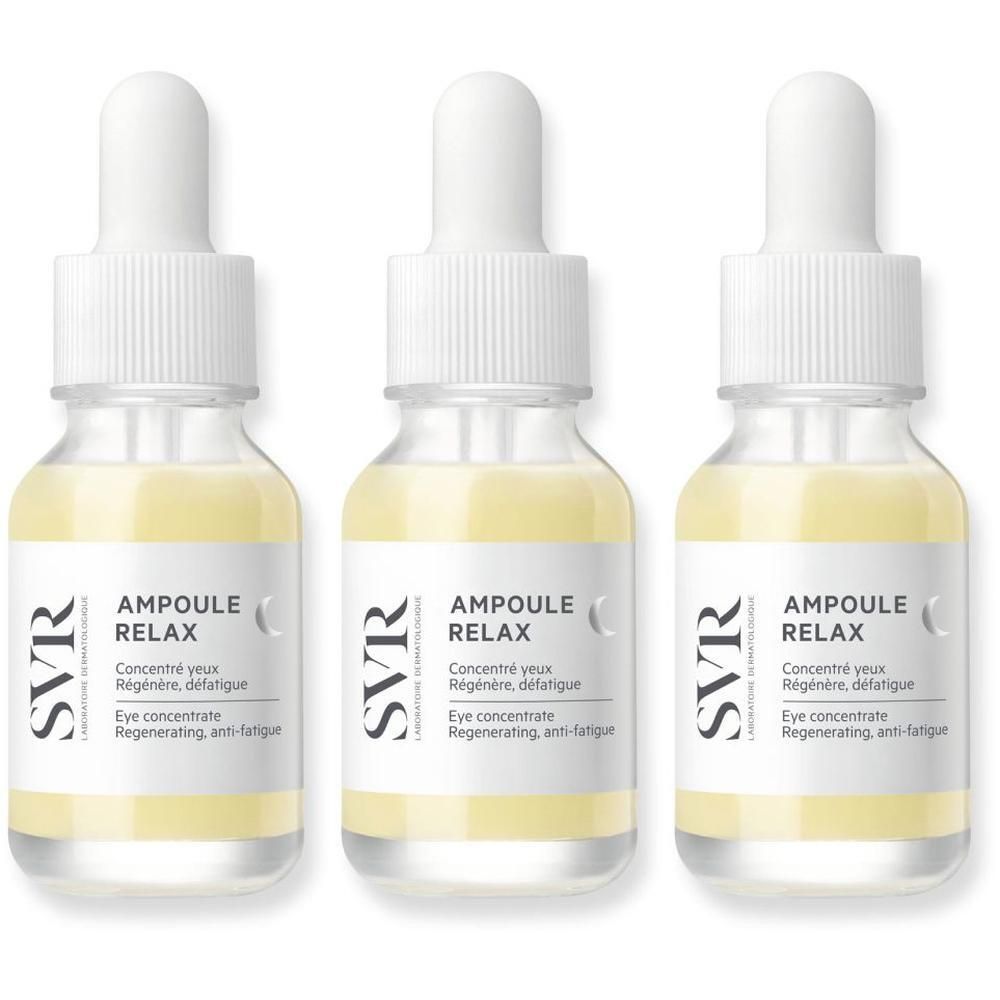 Drie kleine glazen flesjes met witte dop en pipet. Labels met "SVR Ampoule Relax".