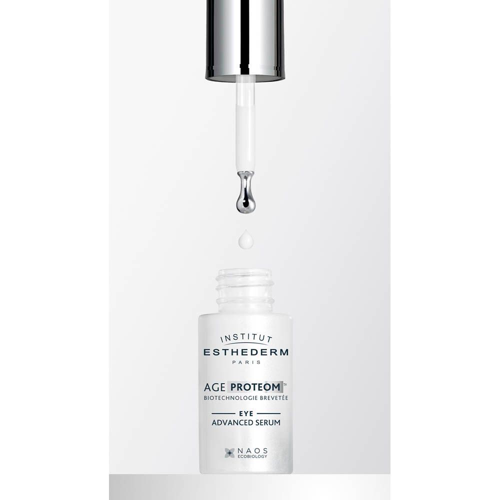 Flacon Age Proteom Sérum yeux avec pipette. Flacon blanc avec bouchon argenté. Texte: INSTITUT ESTHEDERM PARIS, AGE PROTEOM, EYE ADVANCED SERUM.