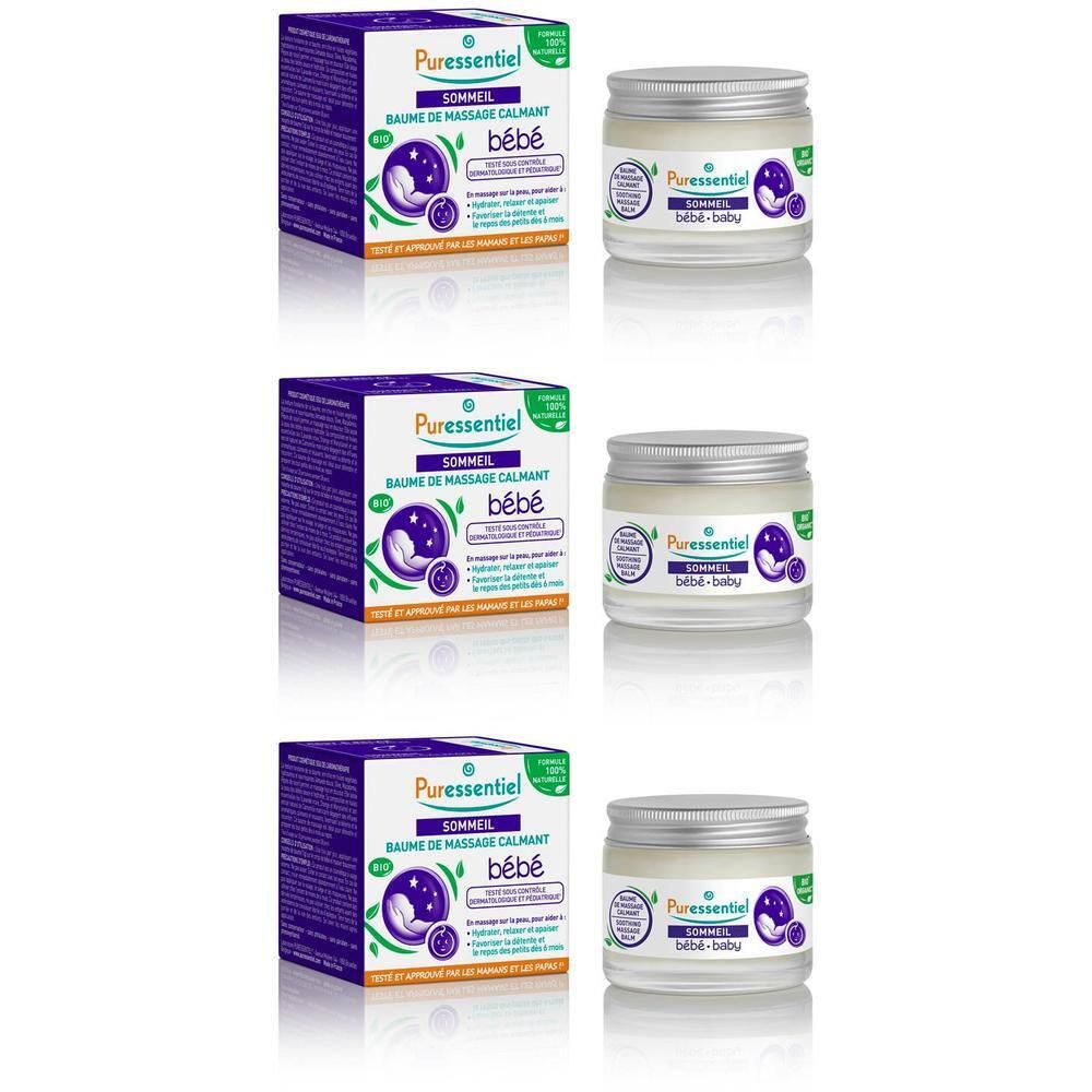 Trois boîtes et trois pots. Sur les boîtes, on lit "Puressentiel Sommeil Baume de massage calmant bébé". Sur les pots, "bébé-baby".