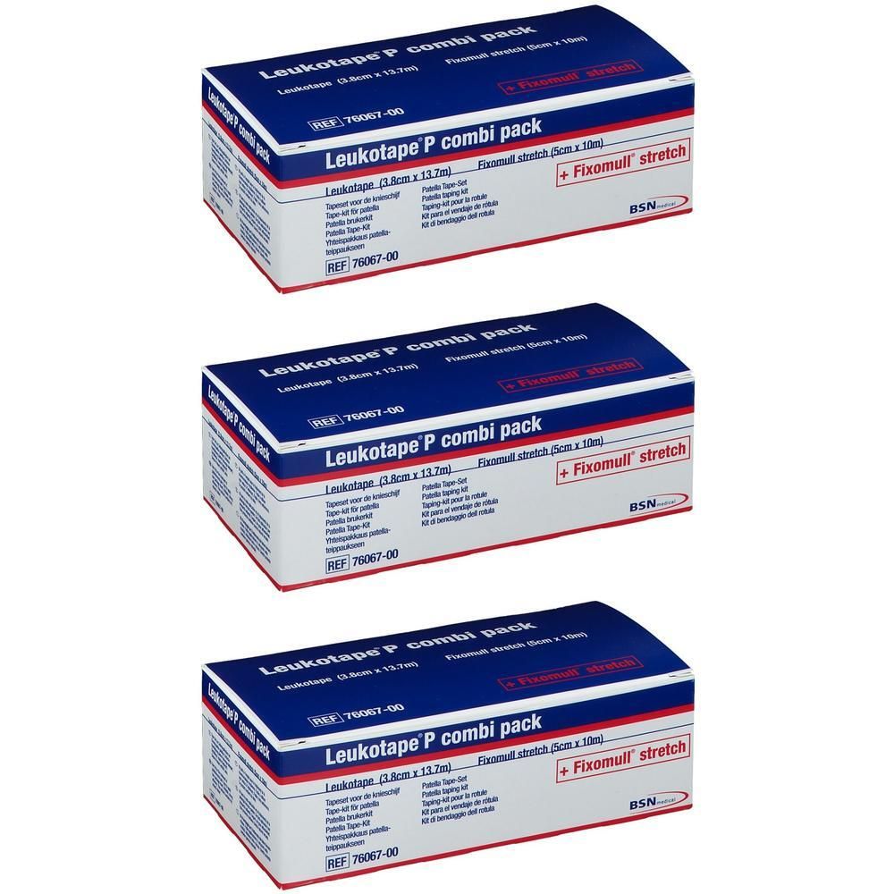 Trois boîtes de Leukotape P Combi Pack. Emballage bleu et blanc avec nom du produit et logo Fixomull stretch. Logo BSN.