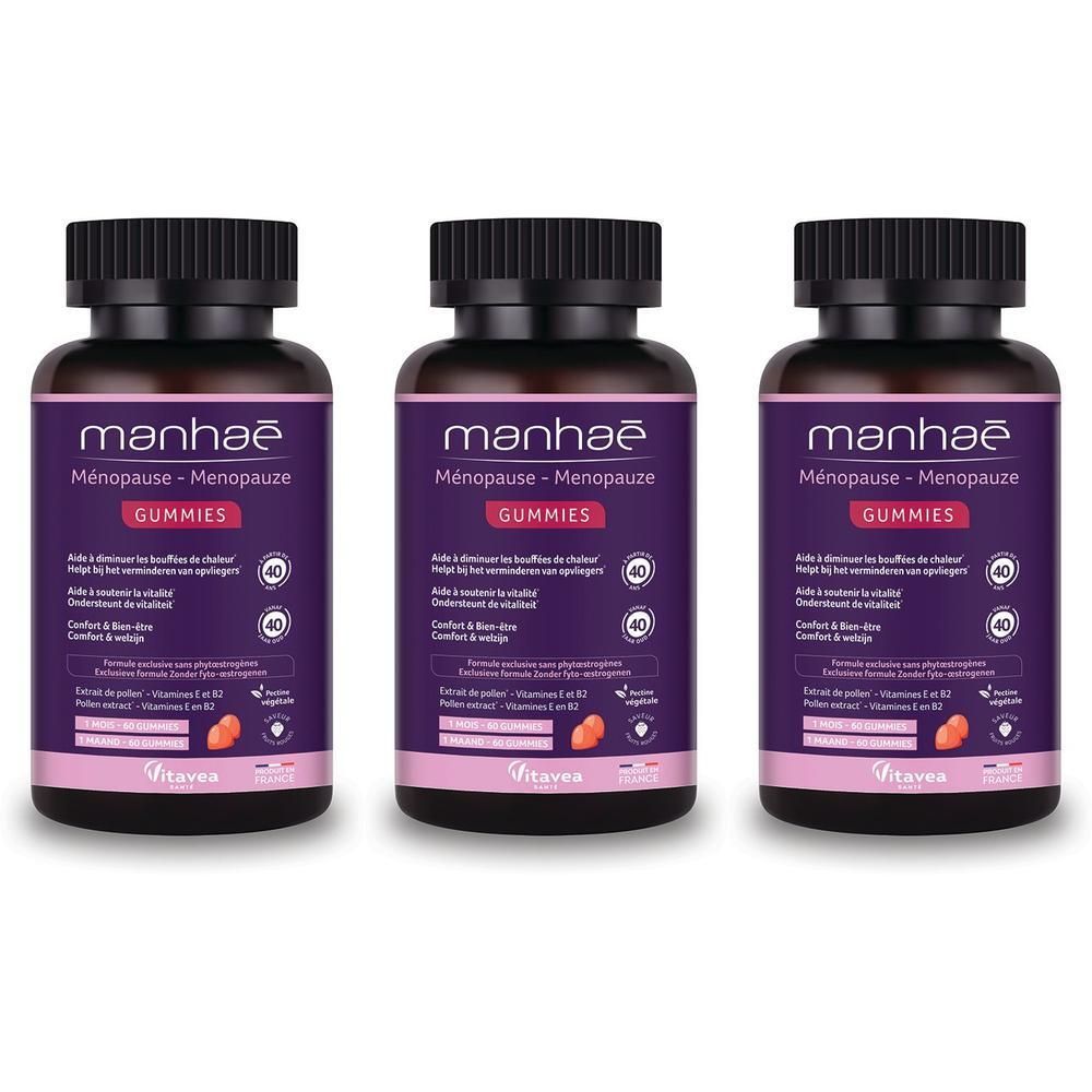 Drie flessen Manhaé Ménopause Gummies. Paarse etiketten met witte tekst. Zwarte doppen. Merk Vitavea.