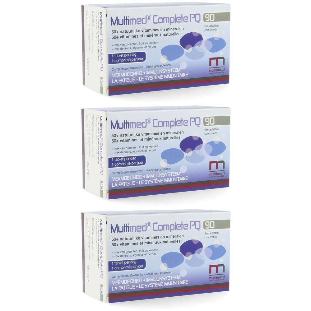 Trois boîtes de MultiMed Complete PQ 90. Inscription : Multivitamine avec une composition complète. Cercles bleus.