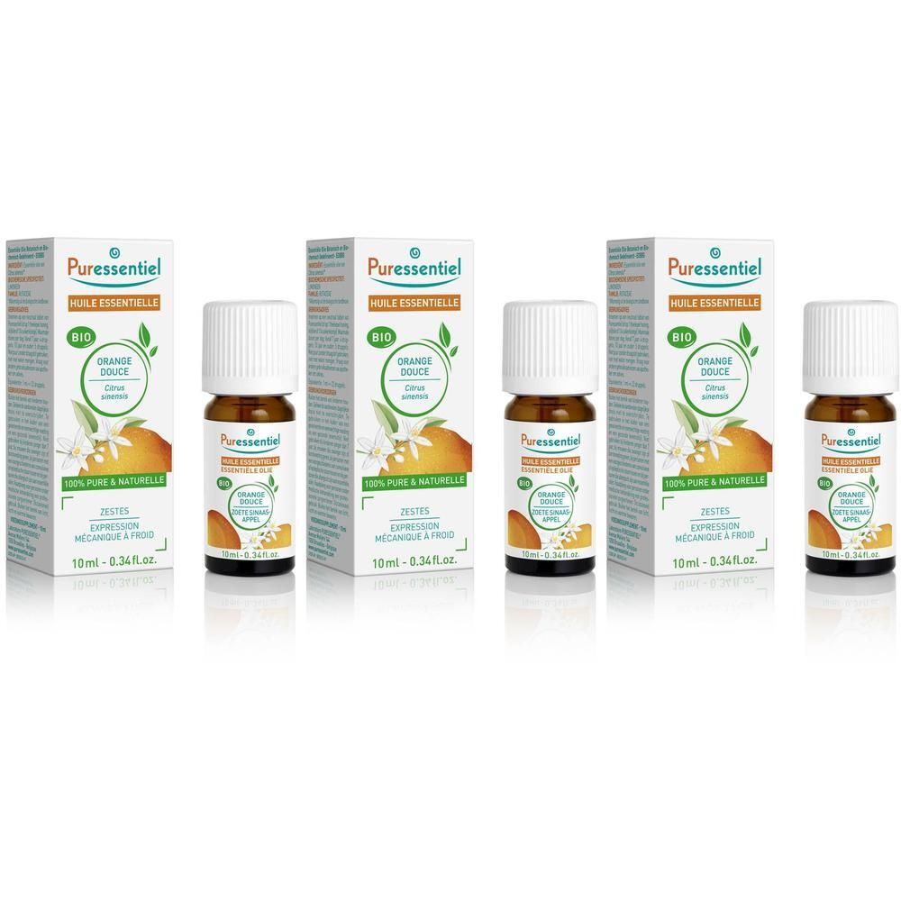 Plusieurs flacons et boîtes de Puressentiel. Sur les boîtes, on peut lire "Huile essentielle bio orange douce".