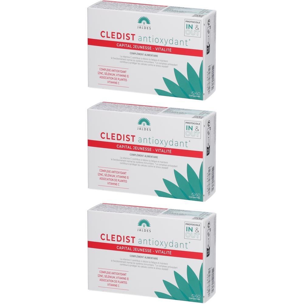Trois boîtes blanches avec inscriptions rouges et vertes. Chaque boîte affiche CLEDIST antioxydant, CAPITAL JEUNESSE - VITALITE.