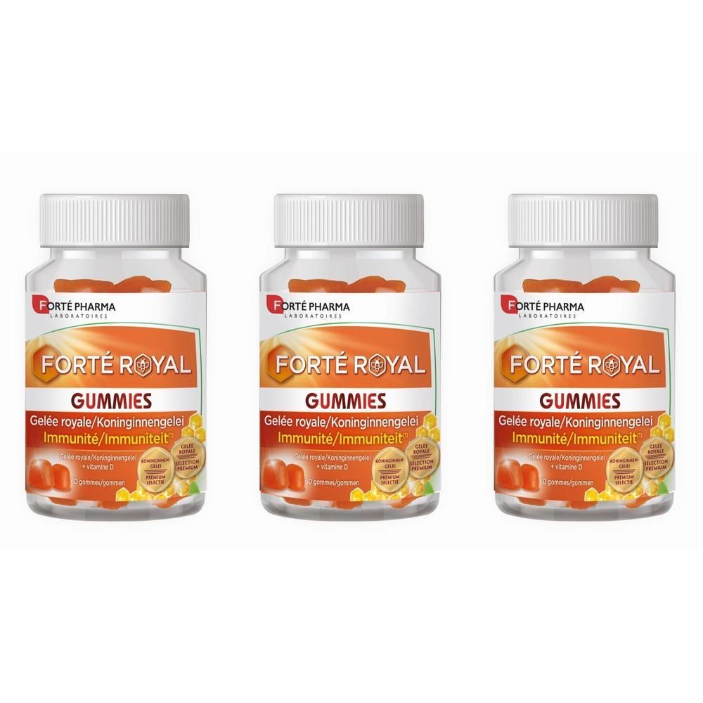 Drie flessen Forté Royal Gummies. Witte doppen, oranje etiketten met naam en logo. Gummy snoepjes zichtbaar.