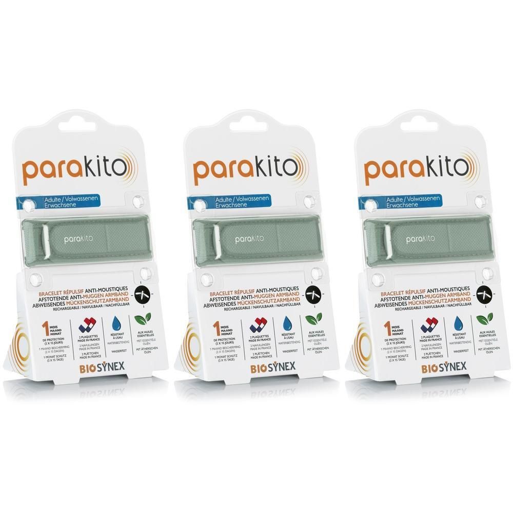 Drie Parakito-armbanden in verpakking. Kaki armbanden met logo. Verpakking met productinformatie en logo's.