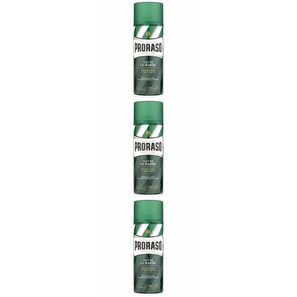 Drie groene spuitbussen. Opschrift: PRORASO, Tutti Le Barbe. Groen-witte band. Groene dop.