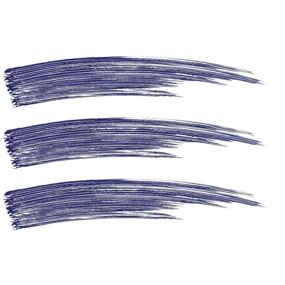 Trois traits de mascara bleu sur fond blanc. Les traits sont incurvés et présentent une texture rugueuse.