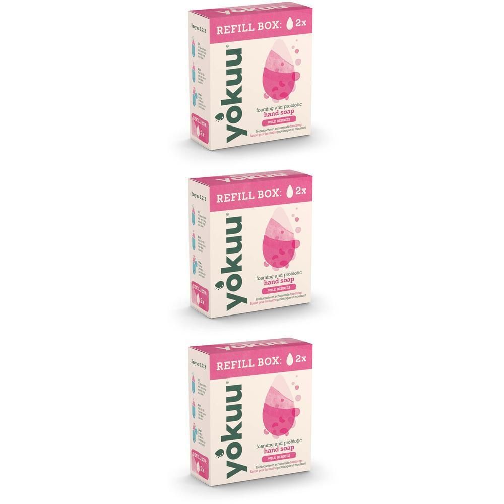 Trois boîtes rectangulaires. Inscription : yokuu, REFILL BOX, 2x. Illustration d'un fruit rose. Texte : foaming and probiotic hand soap.