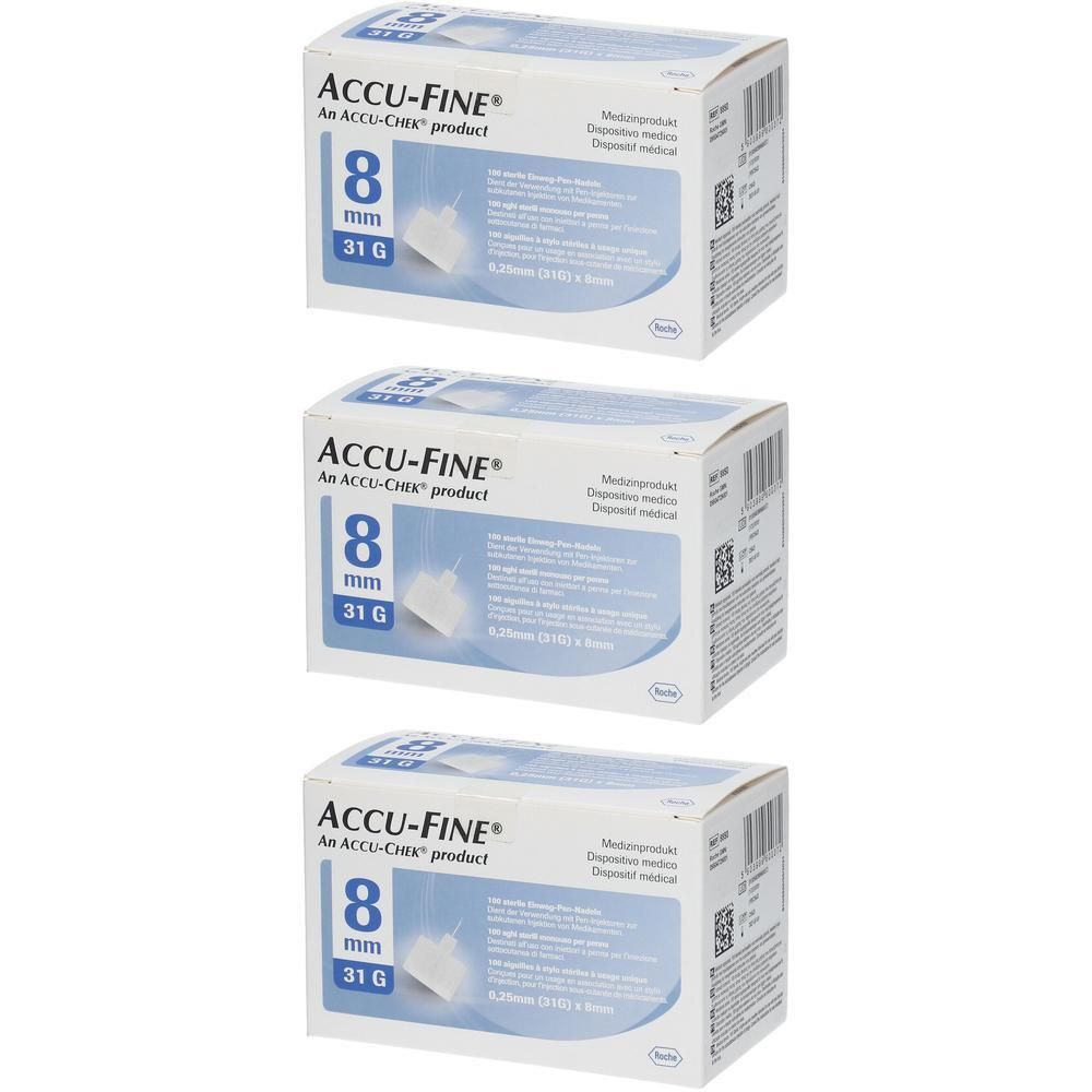 Trois boîtes ACCU-FINE. Chaque boîte indique 8 mm et 31 G. L'emballage est blanc avec des accents bleus.