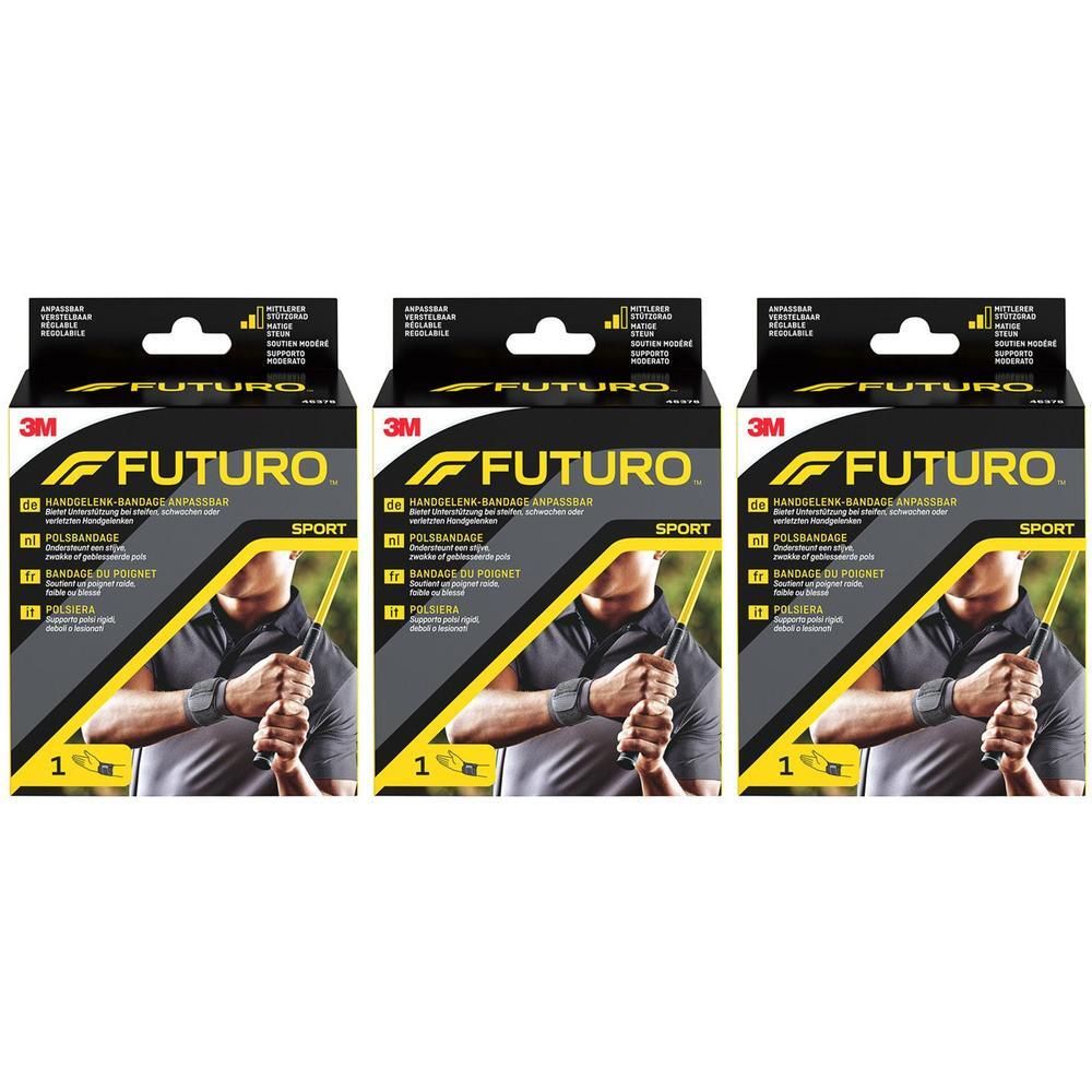Drie verpakkingen FUTURO™ polsband. Zwarte bandages op verpakkingen. Opschrift: FUTURO, SPORT, 3M.