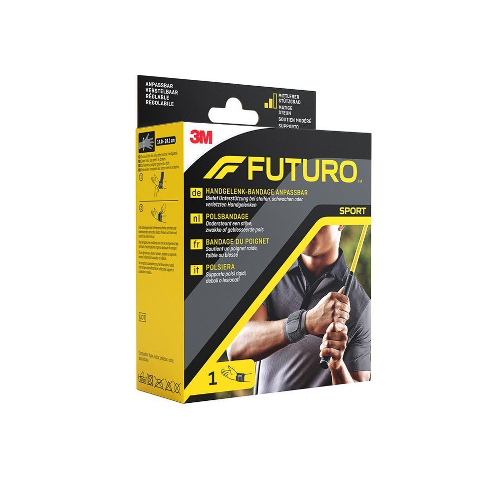 Bandage de poignet FUTURO™ en emballage. Bandage noir. Inscription : FUTURO, SPORT, 3M. Avec illustration du produit.