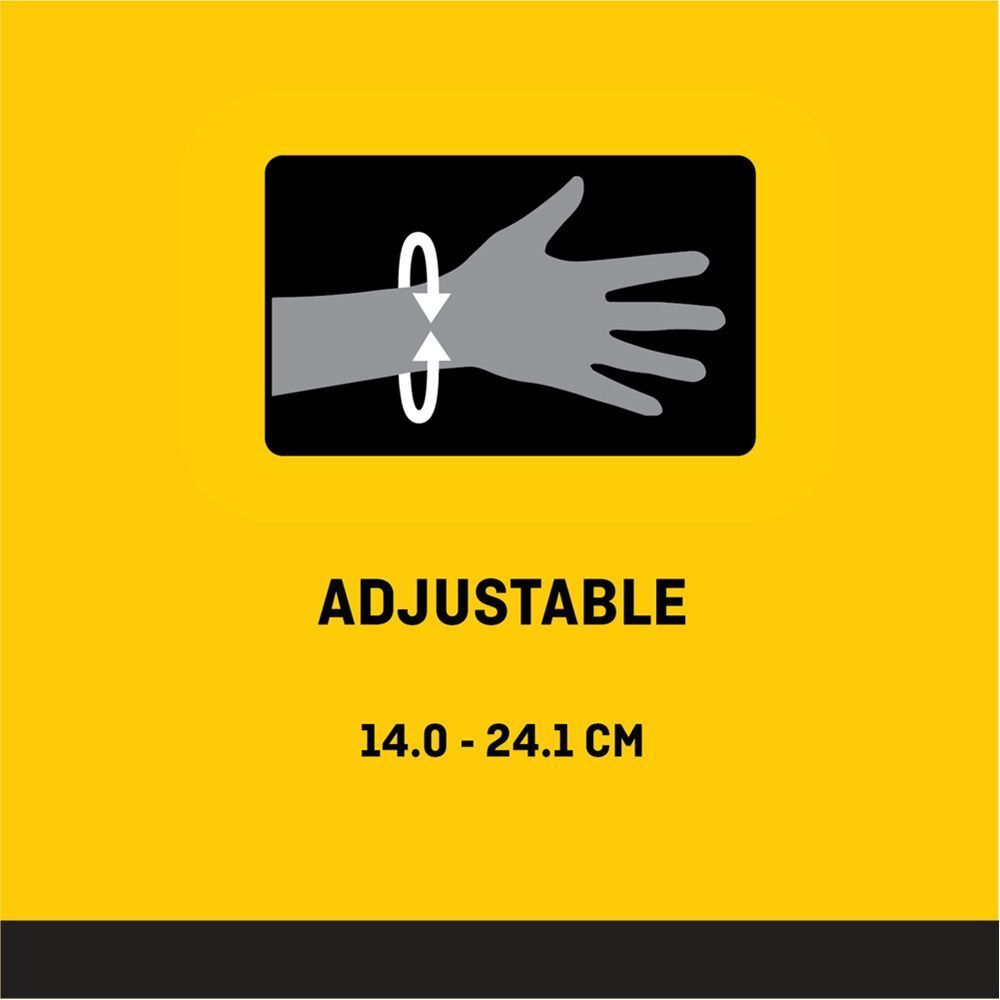 Afbeelding: pols met bandage. Tekst: Verstelbaar. Afmetingen: 14,0 - 24,1 cm.