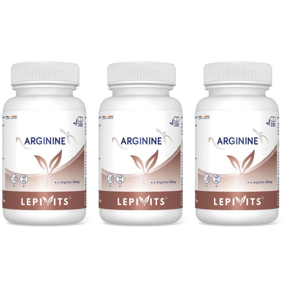 Trois flacons blancs avec bouchons à vis. Chaque flacon porte l'inscription "ARGININE" et "LEPIVITS".