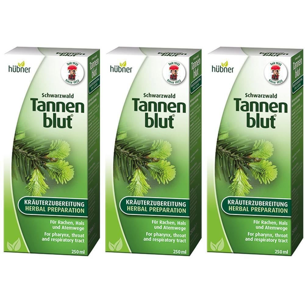 Drie dozen "Tannenblut" van Hübner. Groen-wit ontwerp met dennentak. Tekst: Kruidenpreparaat, voor keel, luchtwegen.