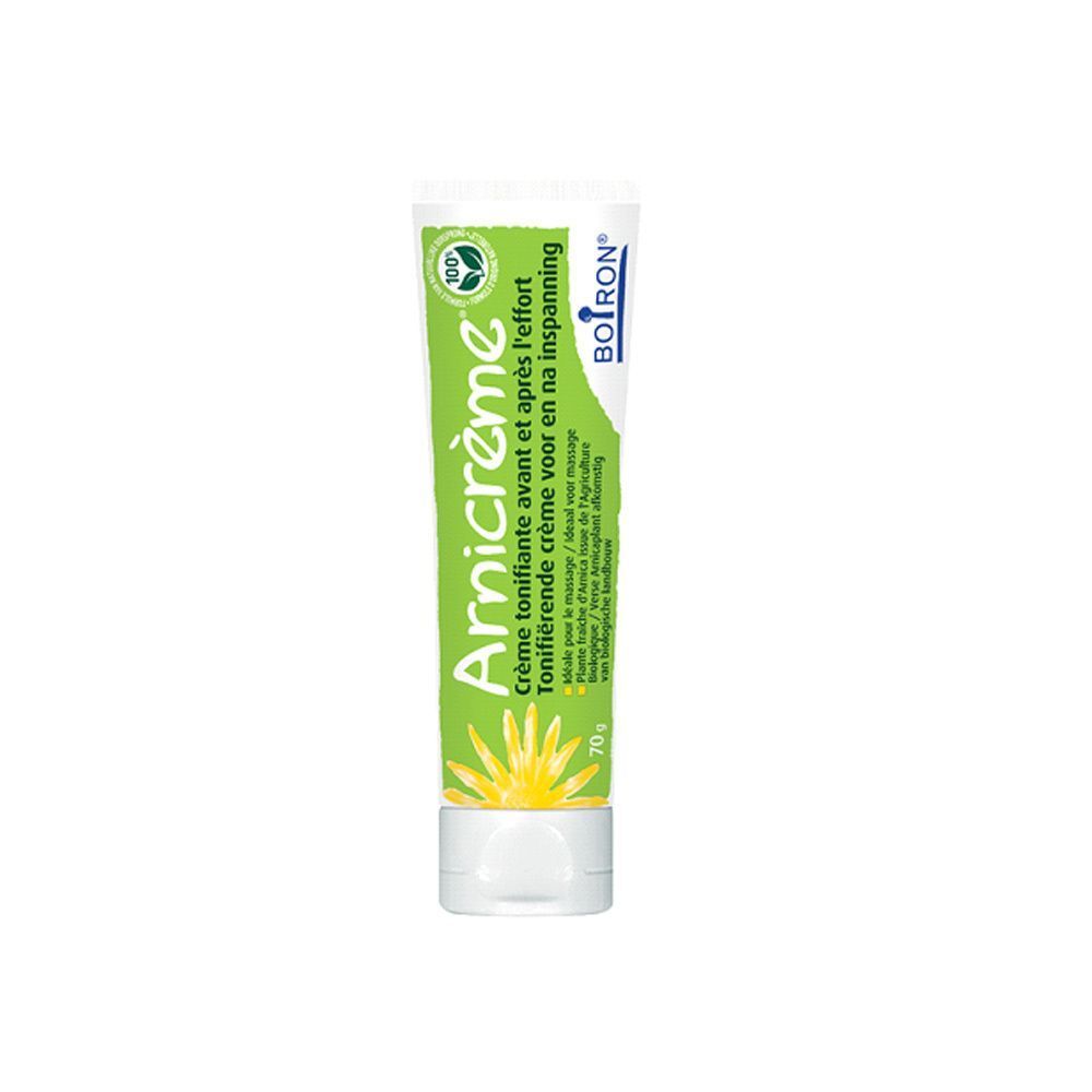 Tube "Arnicrème" vert avec fleur jaune. Texte: Crème tonifiante avant et après l'effort. Logo Boiron. 70g.