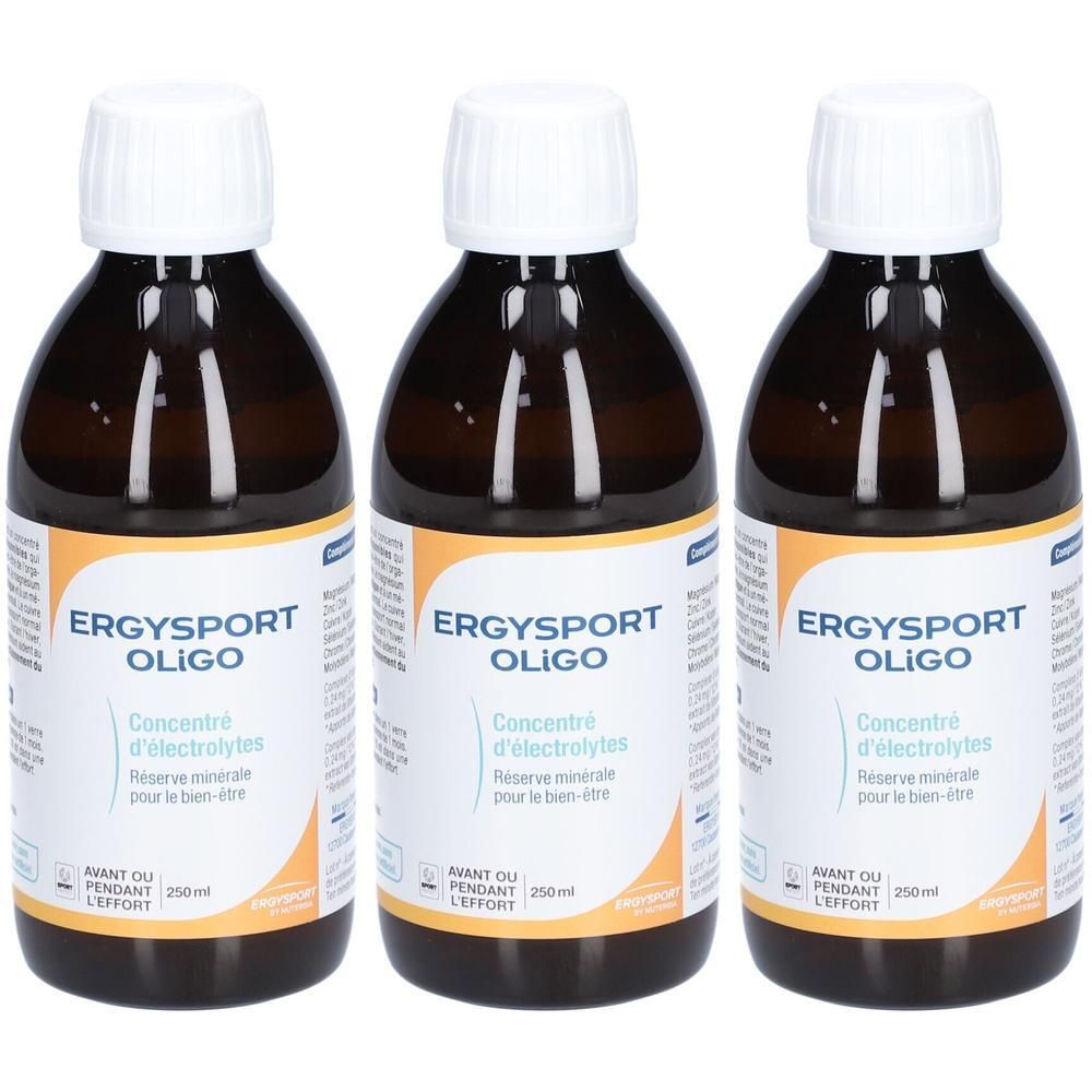 Trois flacons bruns avec bouchons blancs. Étiquette : "ERGYSPORT OLIGO Concentré d'électrolytes".